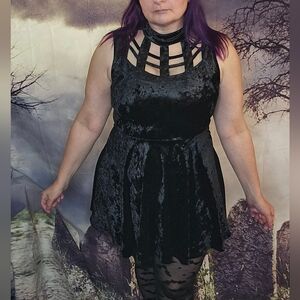 Gothic Jawbreaker Black Velvet Lattice Neck Mini Skater Dress Size XL